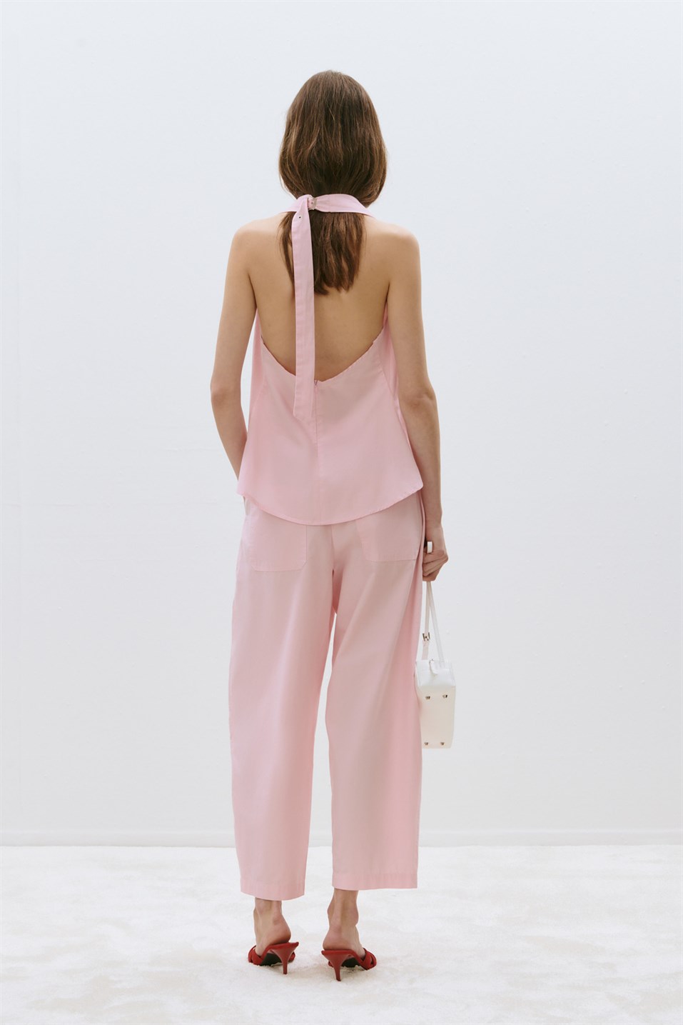 Pembe Marty Halter Yaka Poplin Bluz