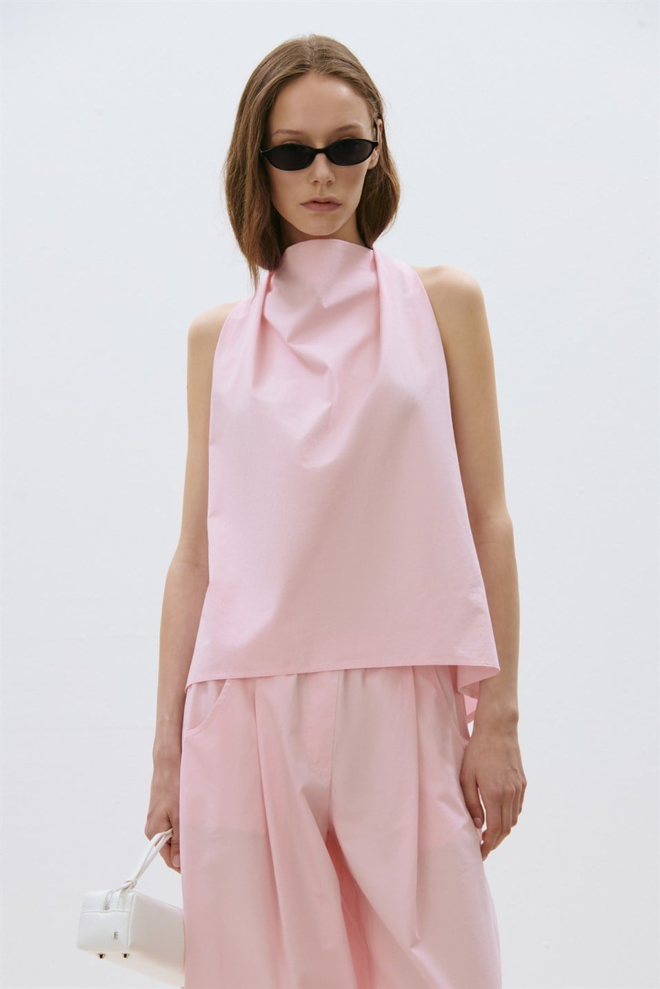 Pembe Marty Halter Yaka Poplin Bluz