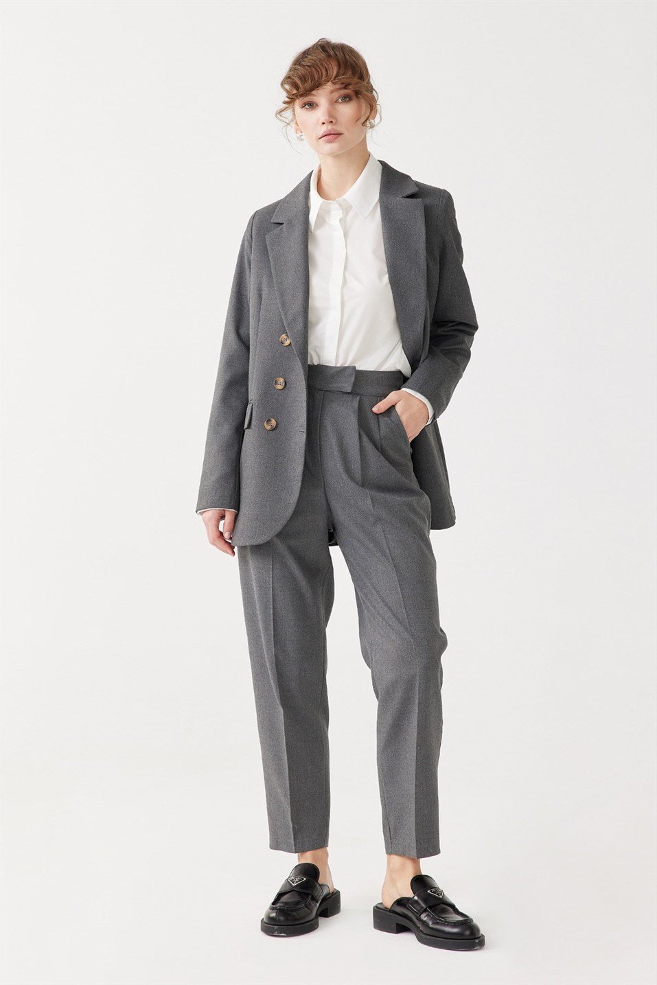 Anthracite Carrot Cut Pleated Fabric Trousers