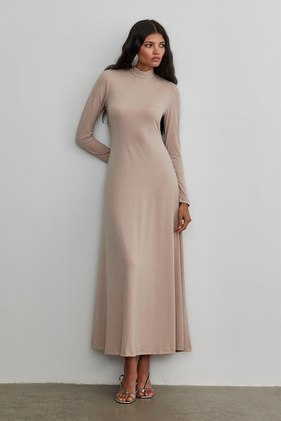 Pudra Işıltılı Maxi Örme Elbise