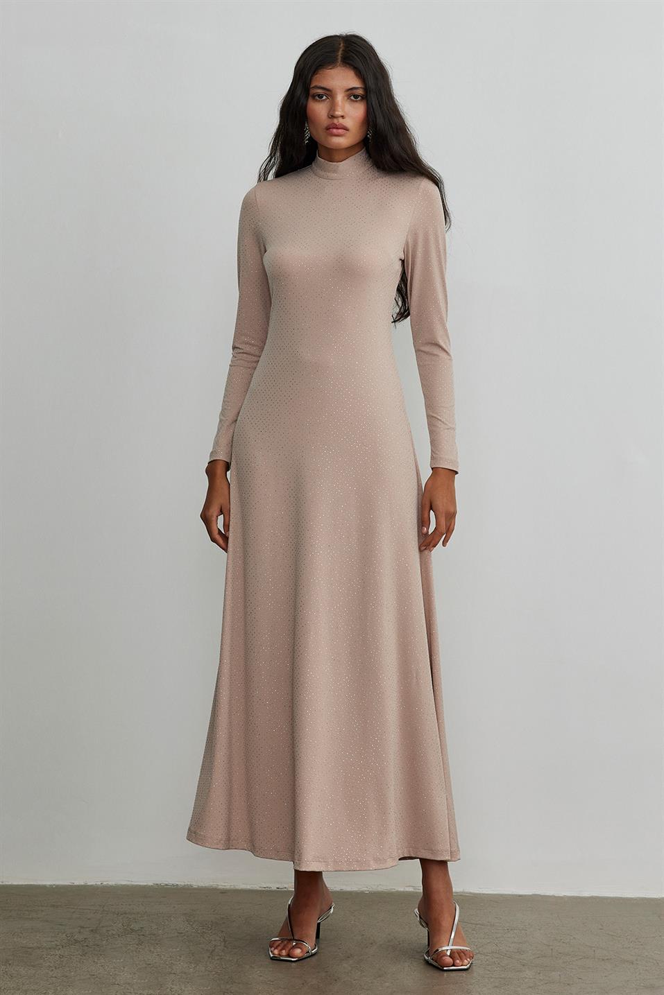 Pudra Işıltılı Maxi Örme Elbise