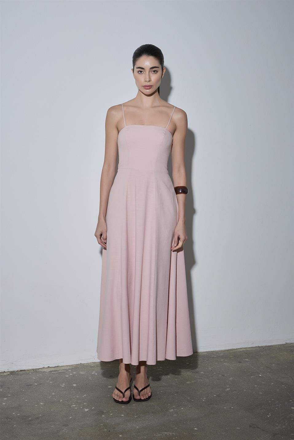 Pudra Melinda Askılı Keten Elbise