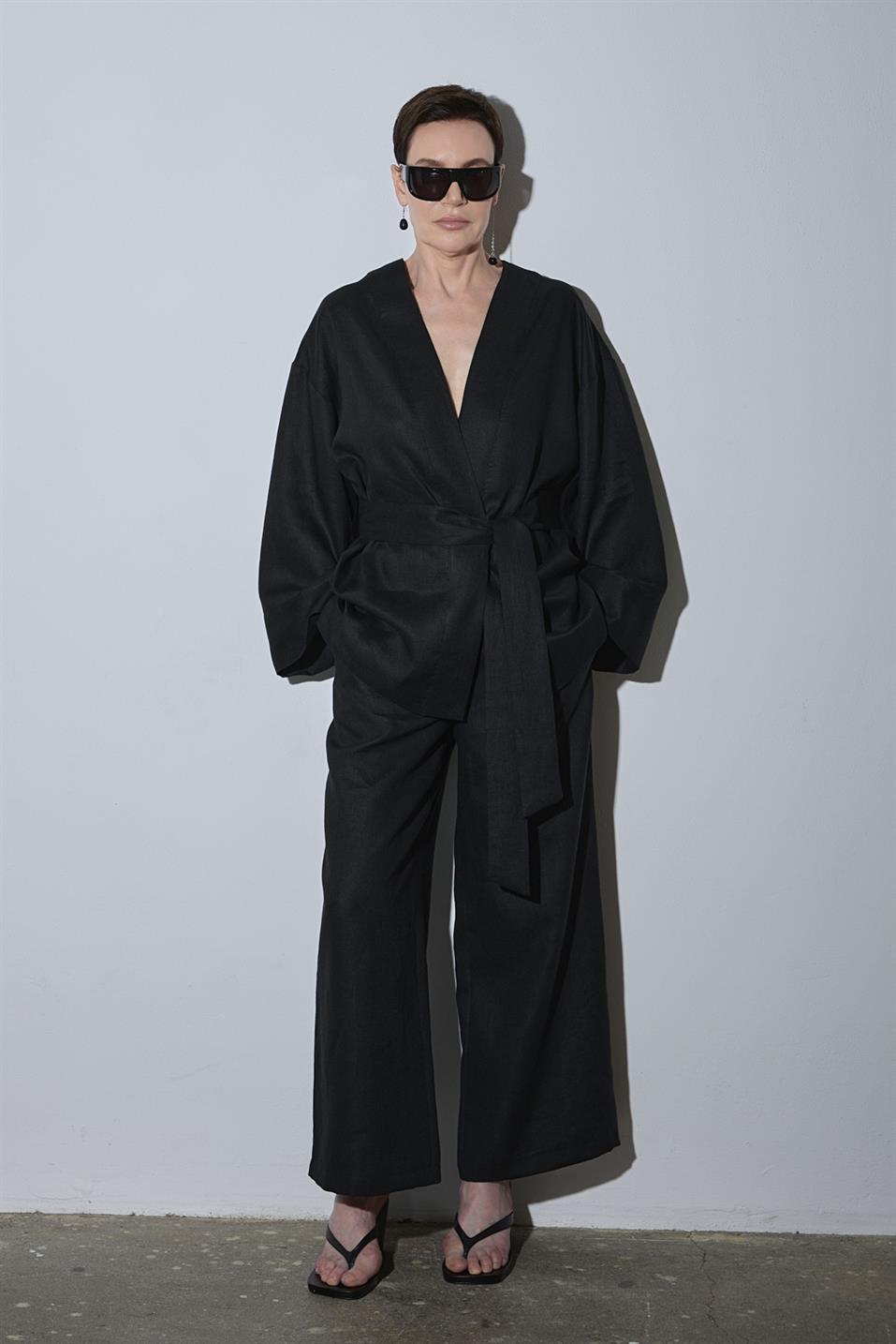 Siyah %100 Keten Eleni Culotte Pantolon