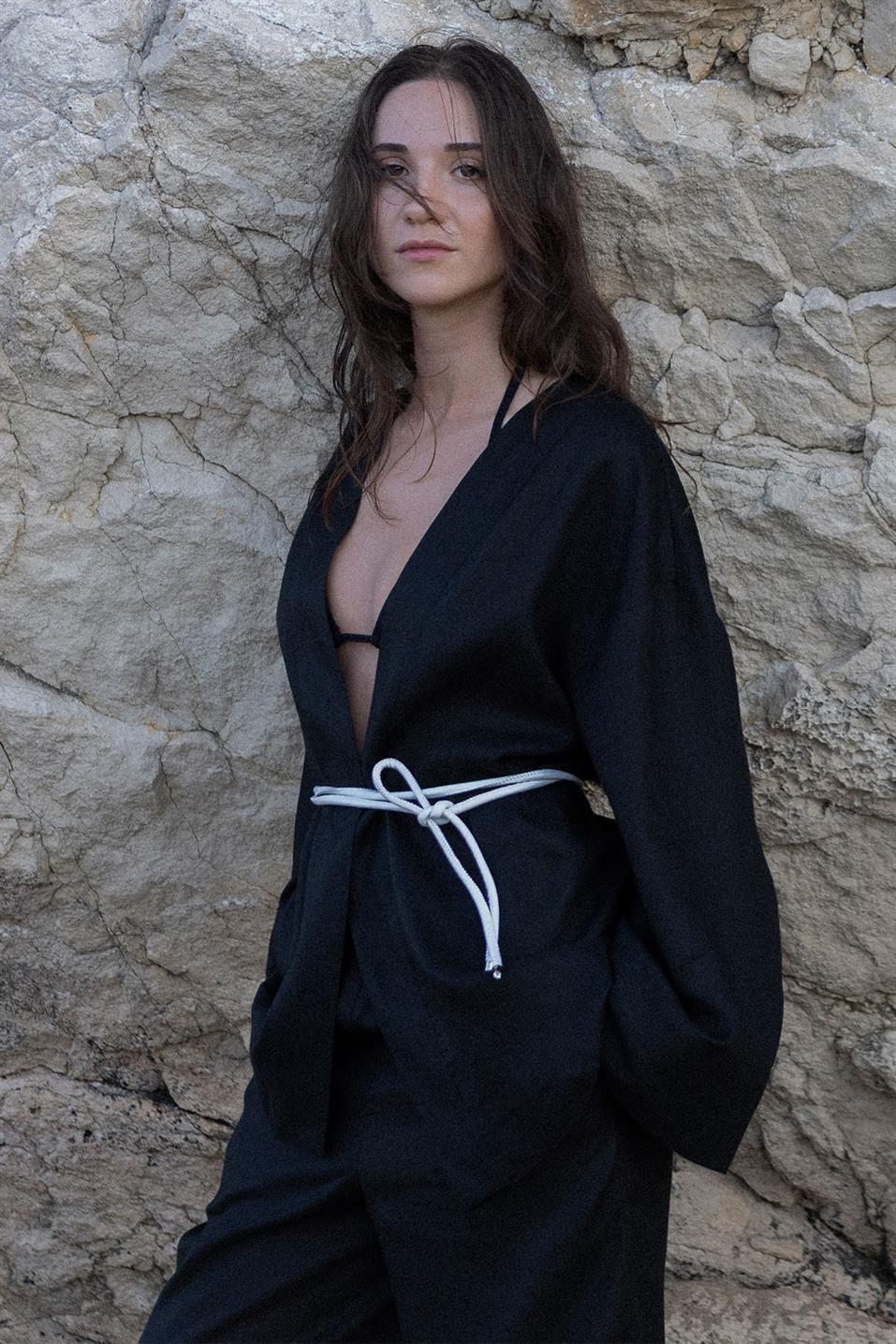 Siyah %100 Keten Eleni Kimono