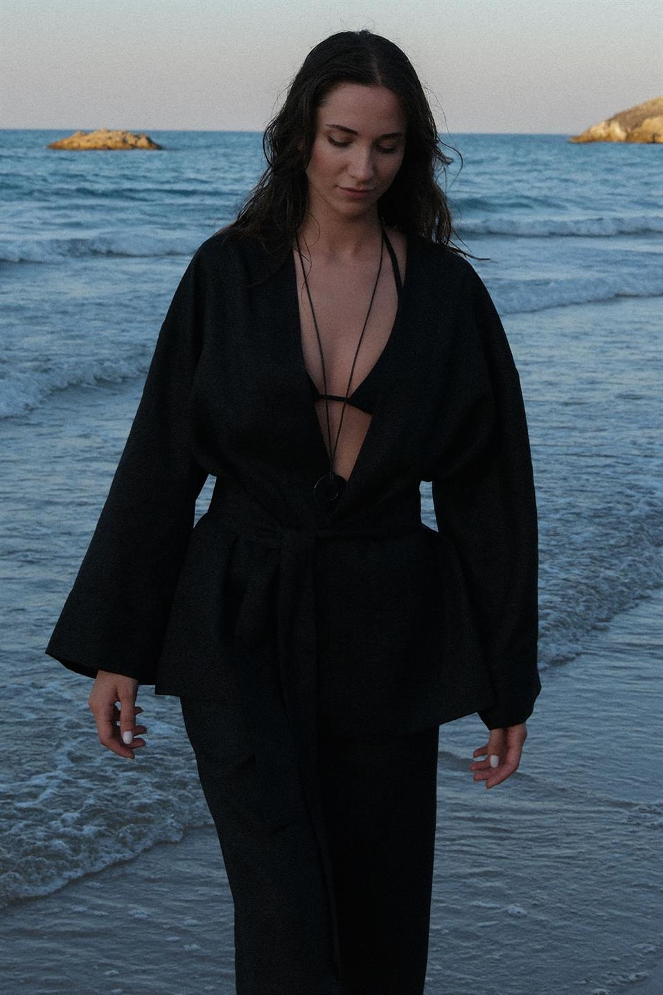 Siyah %100 Keten Eleni Kimono