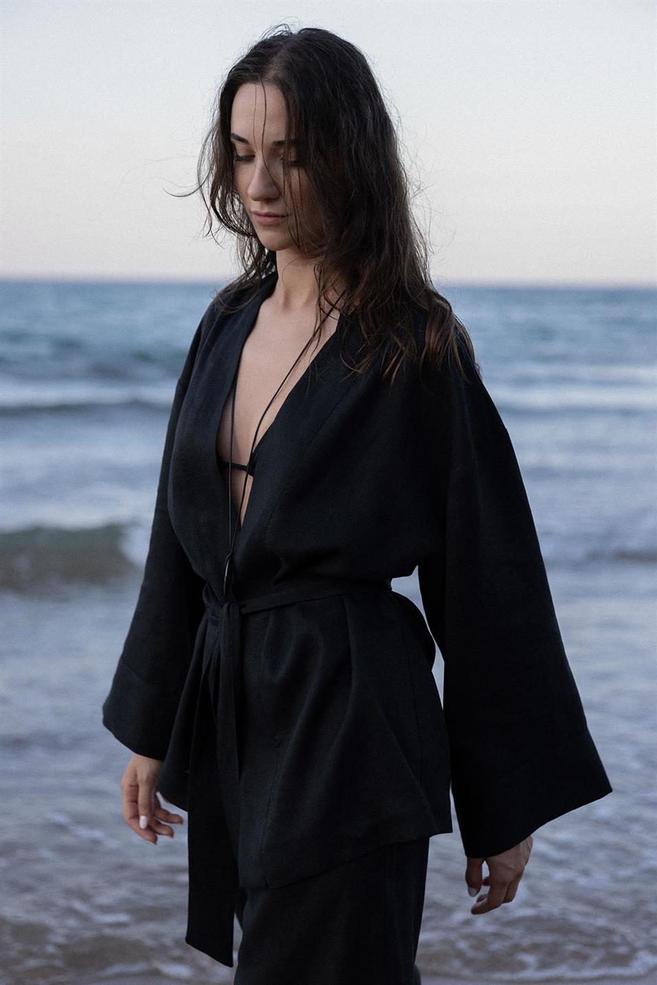 Siyah %100 Keten Eleni Kimono