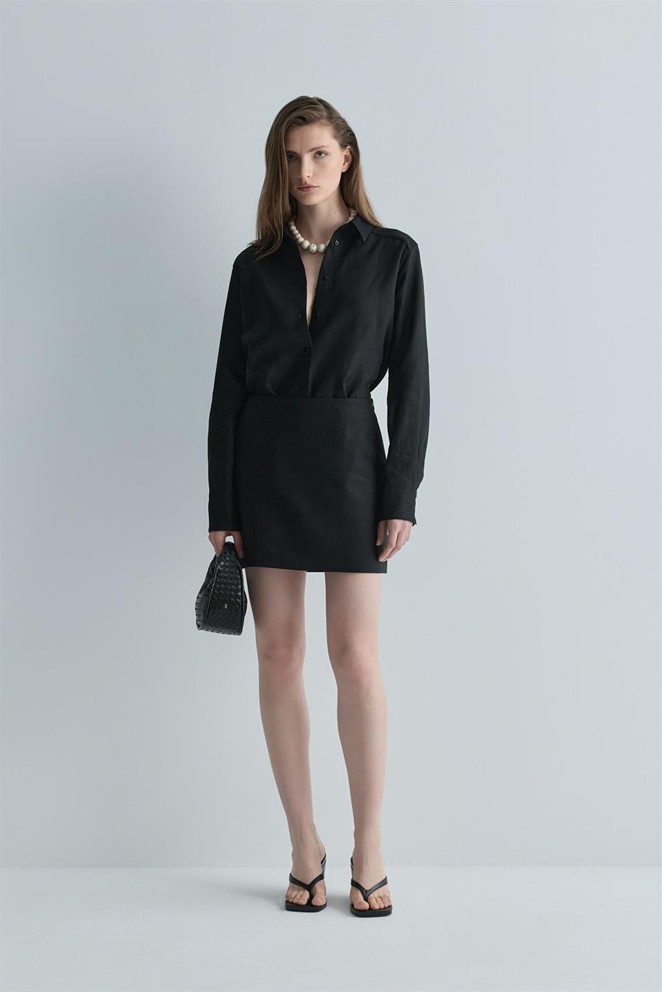 Siyah %100 Keten Nora Gömlek
