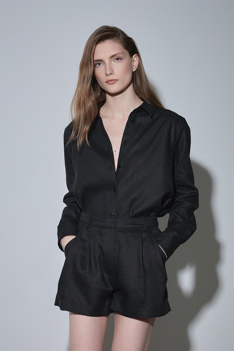 Siyah %100 Keten Nora Gömlek