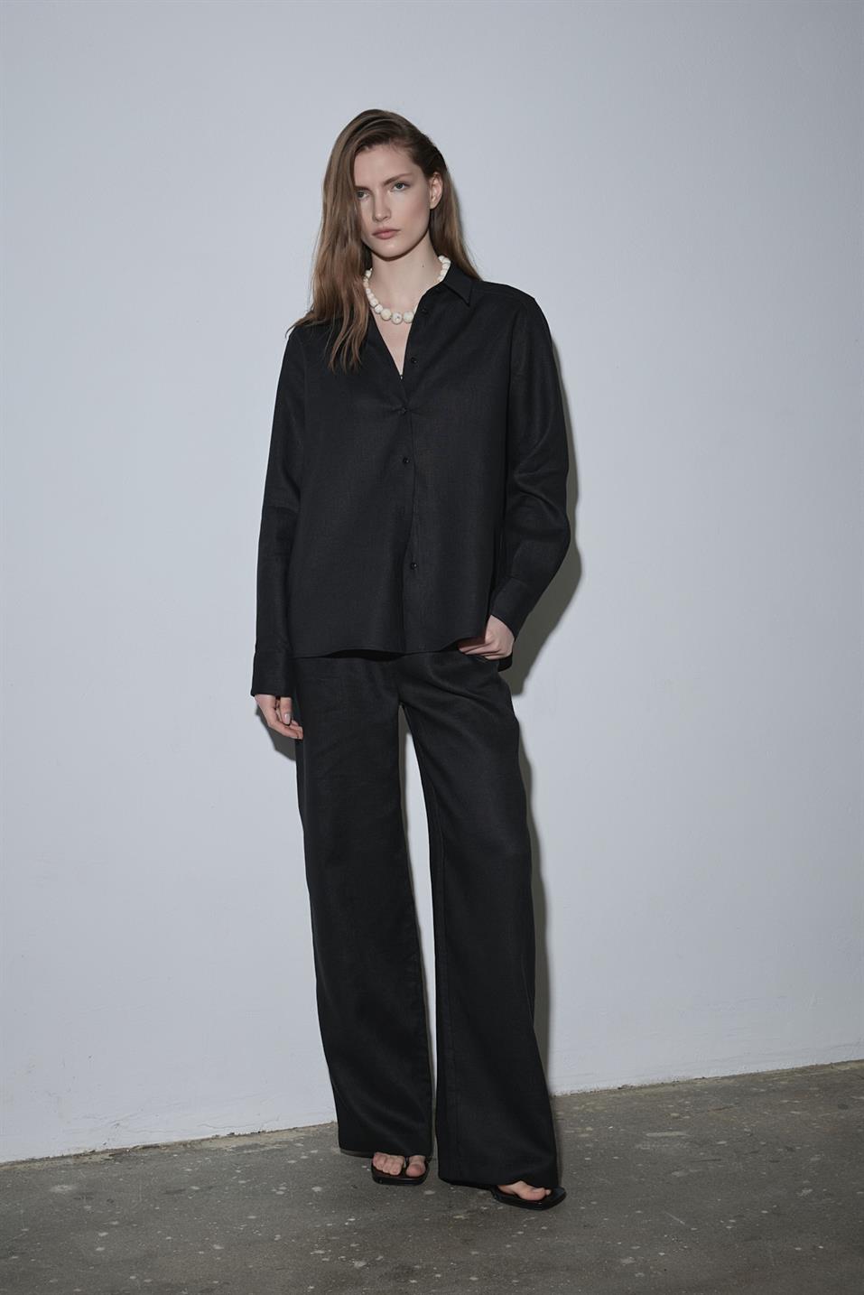 Siyah %100 Keten Nora Pileli Pantolon