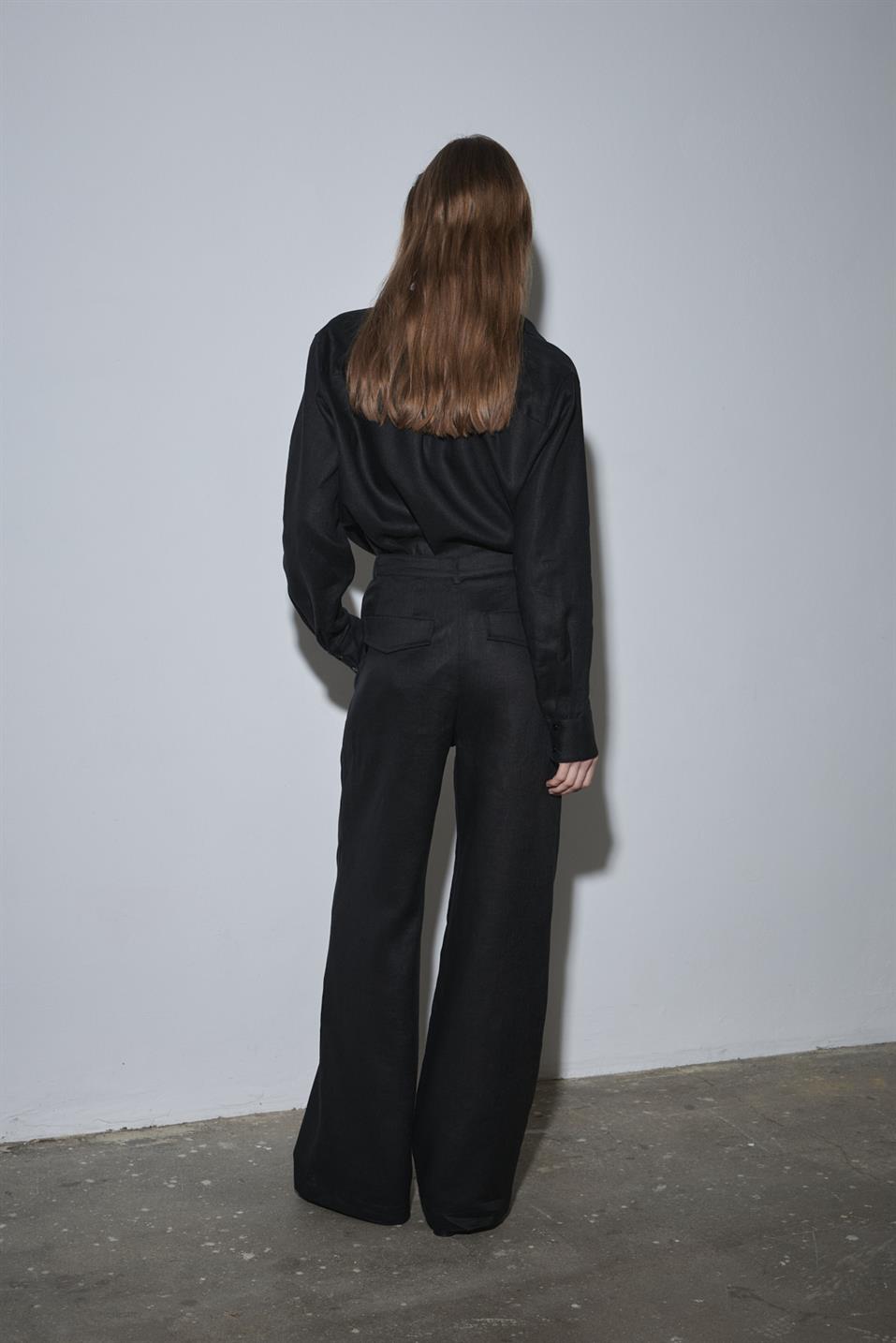 Siyah %100 Keten Nora Pileli Pantolon
