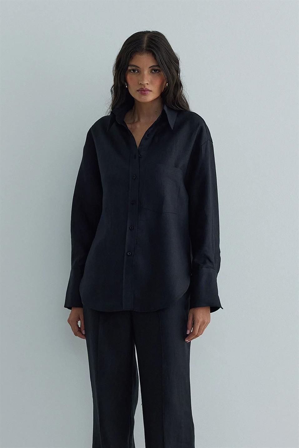 Siyah %100 Keten Tina Cepli Basic Gömlek