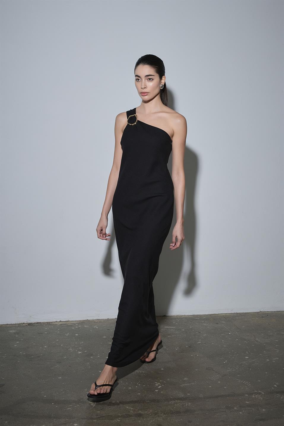 Siyah Abel Tek Omuzlu Keten Elbise