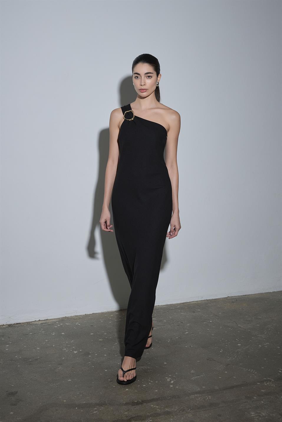 Siyah Abel Tek Omuzlu Keten Elbise