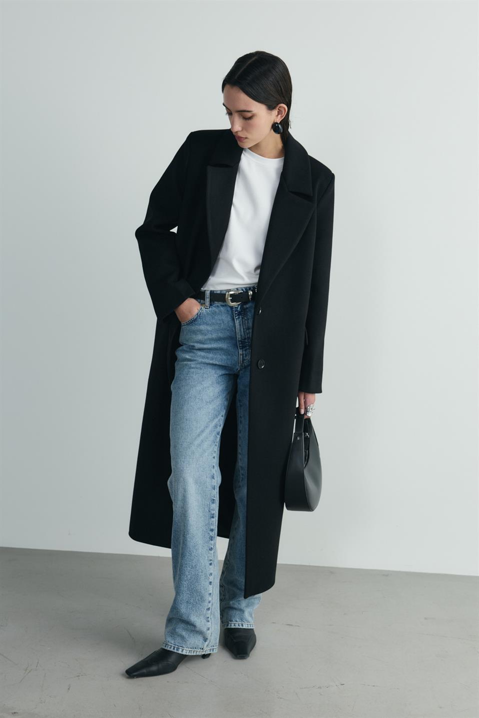 Siyah Ari Kruvaze Maxi Kaşe Kaban