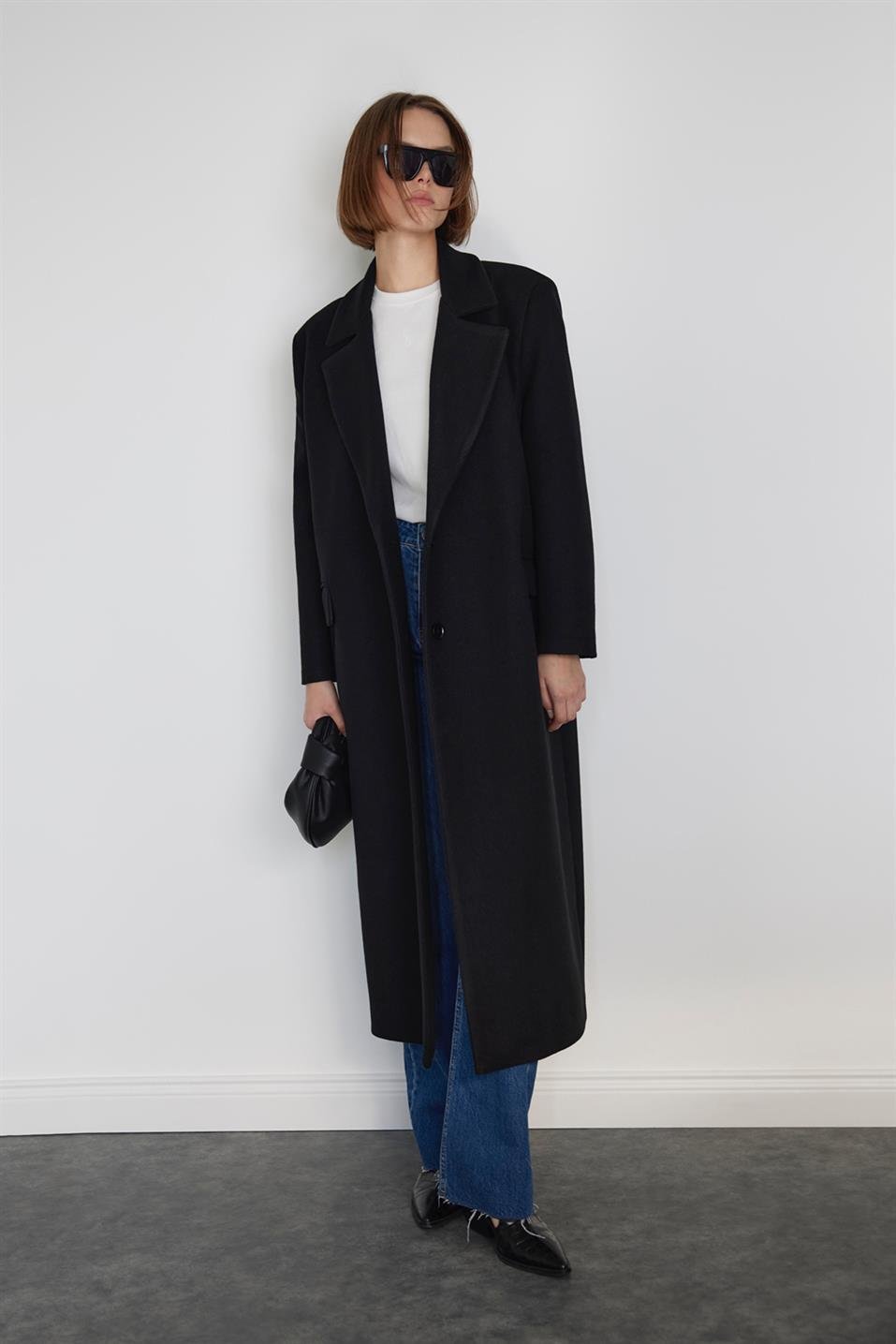 Siyah Ari Kruvaze Maxi Kaşe Kaban