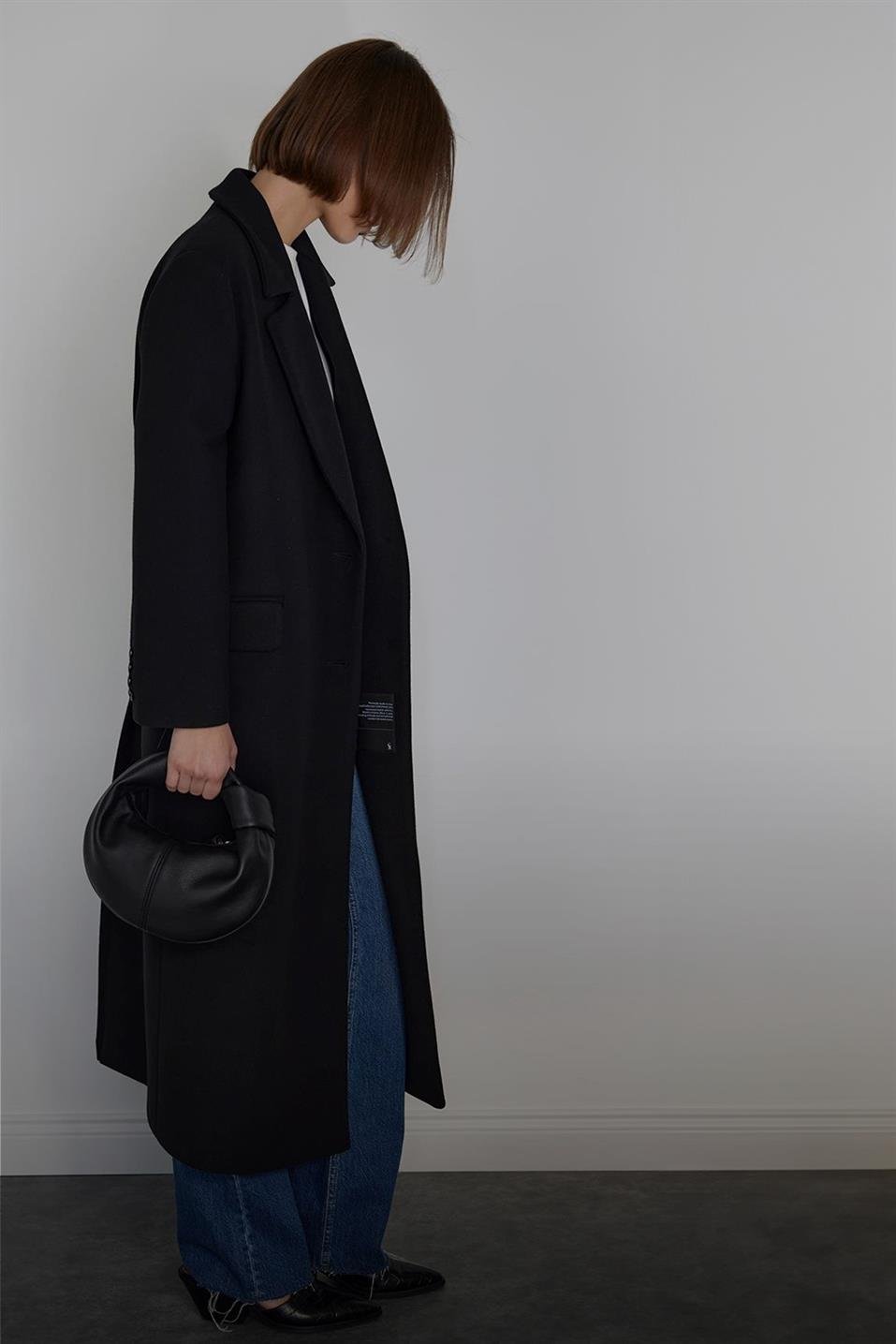 Siyah Ari Kruvaze Maxi Kaşe Kaban