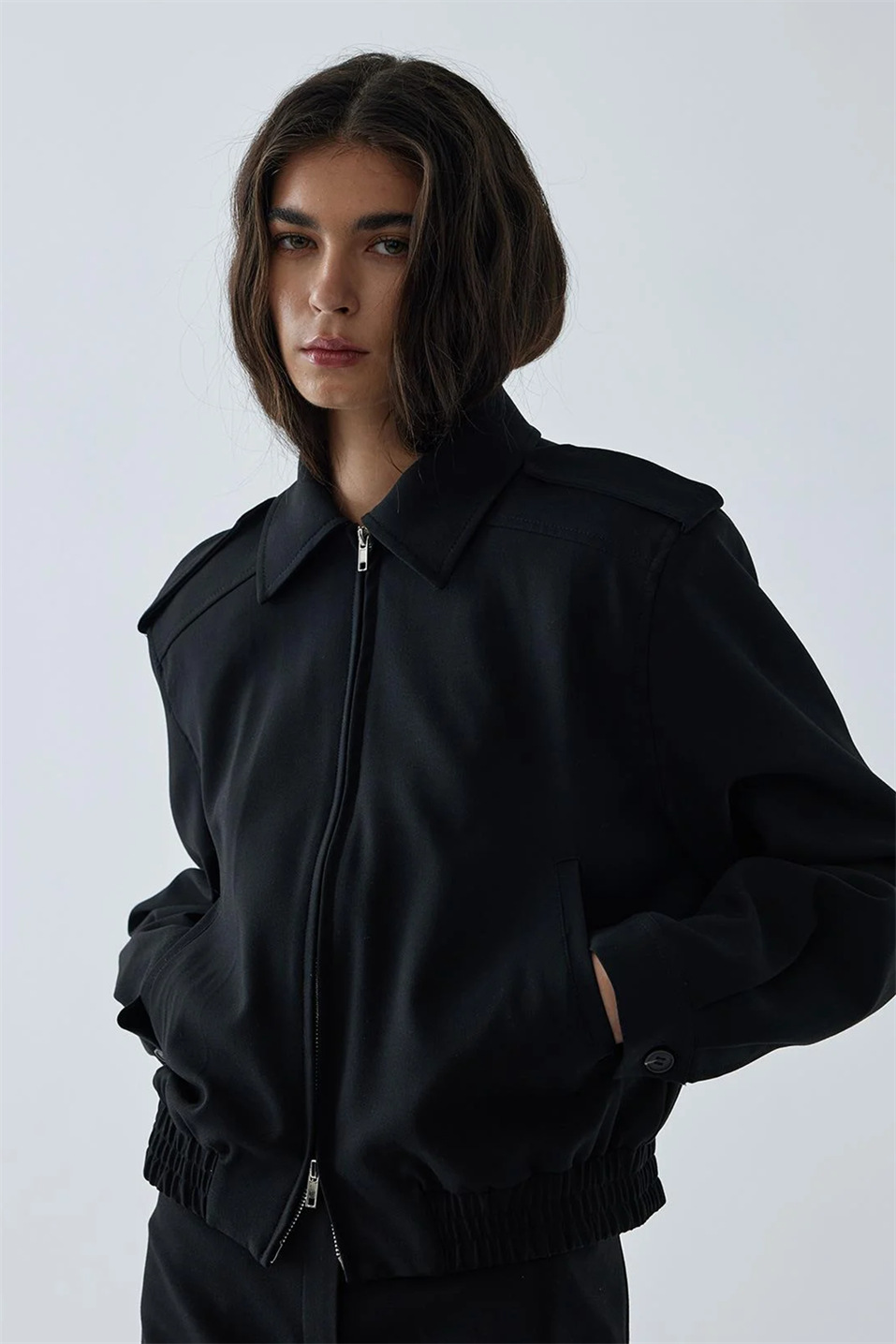 Siyah Cooper Crop Bomber Ceket