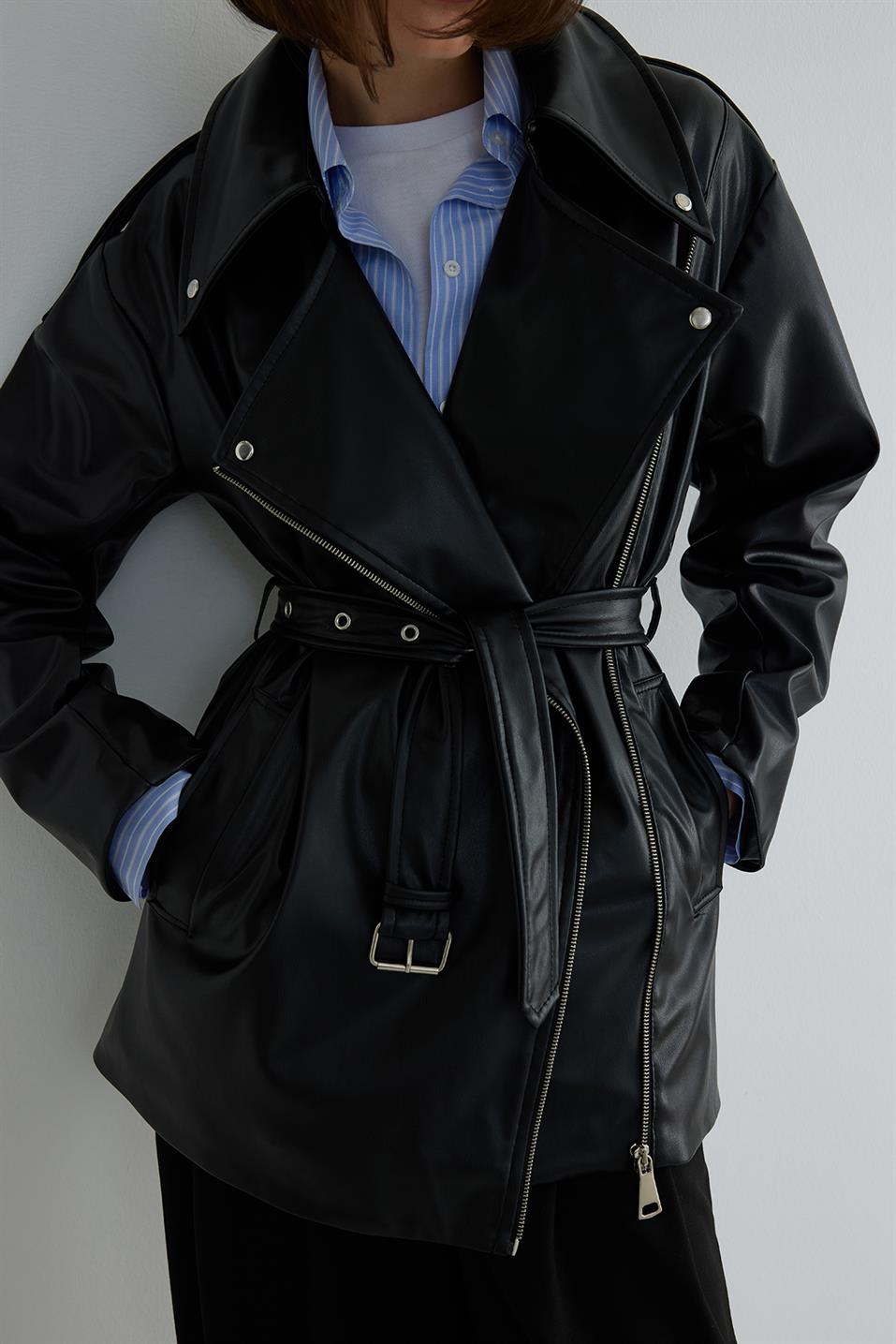 Faux Leather Biker Trench Coat
