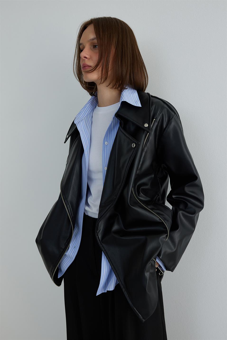 Faux Leather Biker Trench Coat