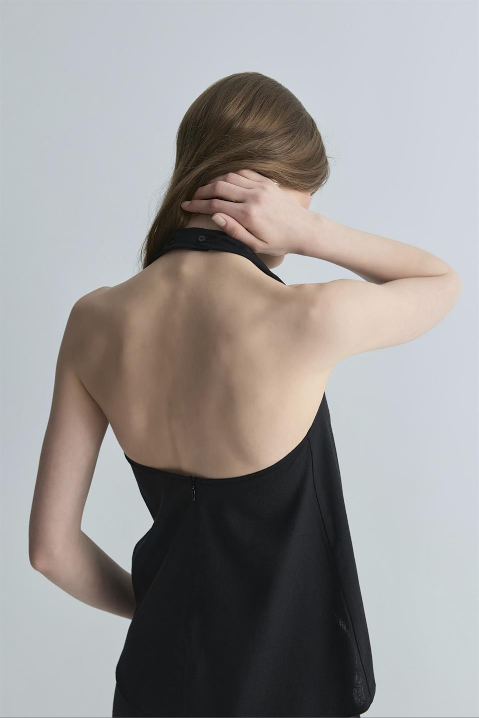 Siyah Gabriel Halter Yaka Keten Bluz