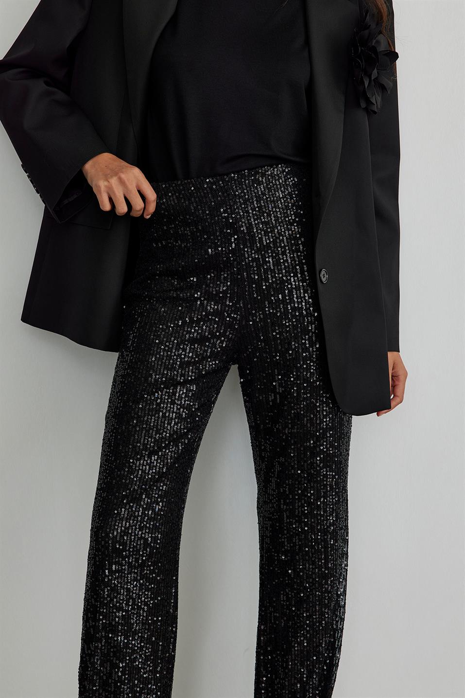 Siyah Işıltılı Flare Kesim Pantolon