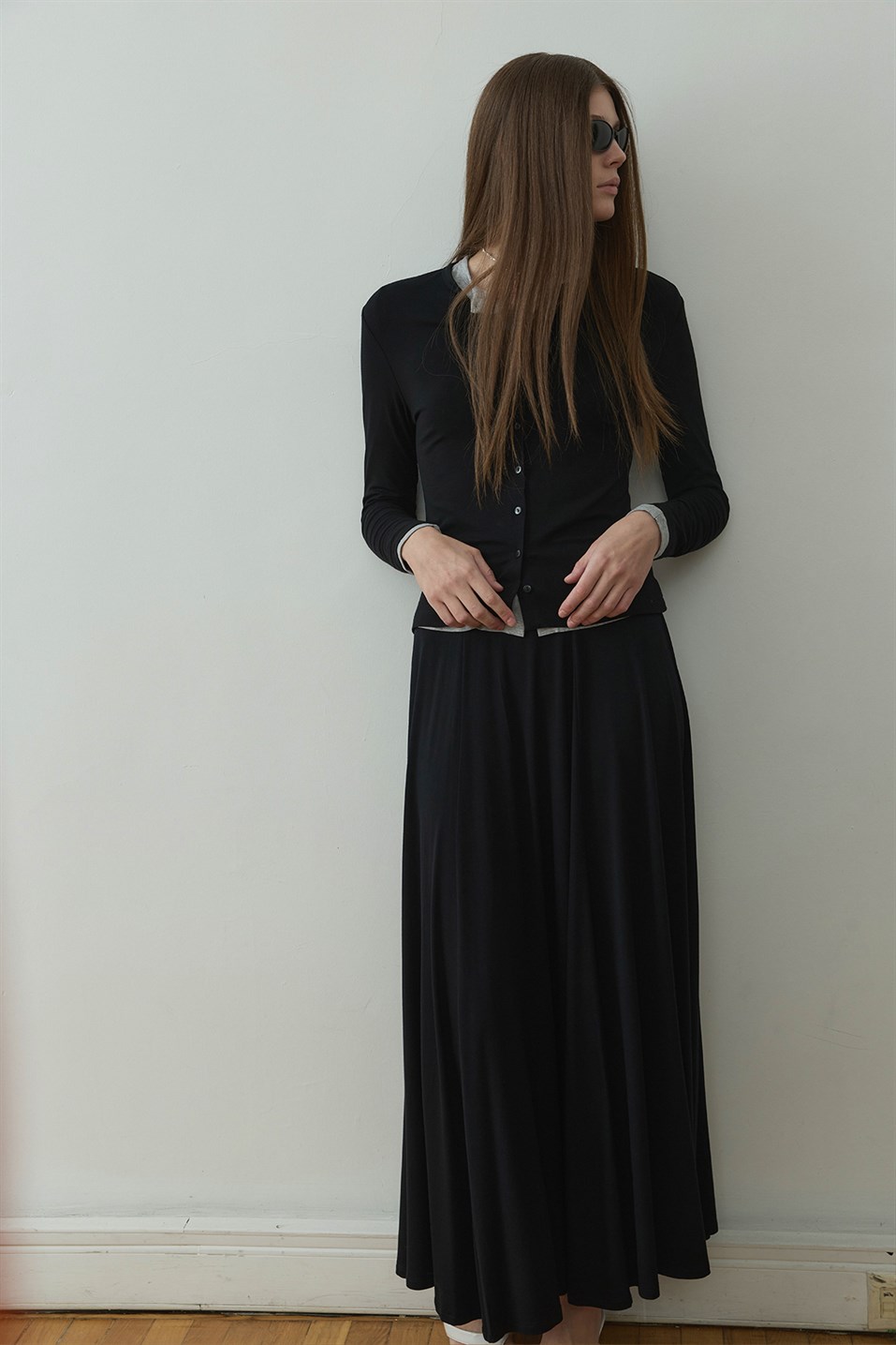 Siyah Kate Dökümlü Uzun Etek
