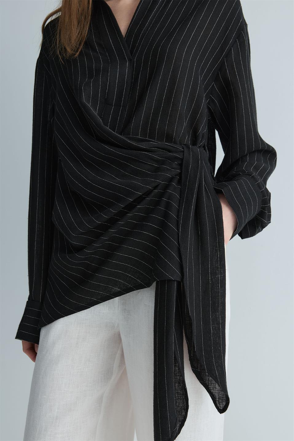 Siyah Lino Bağlamalı Keten Gömlek