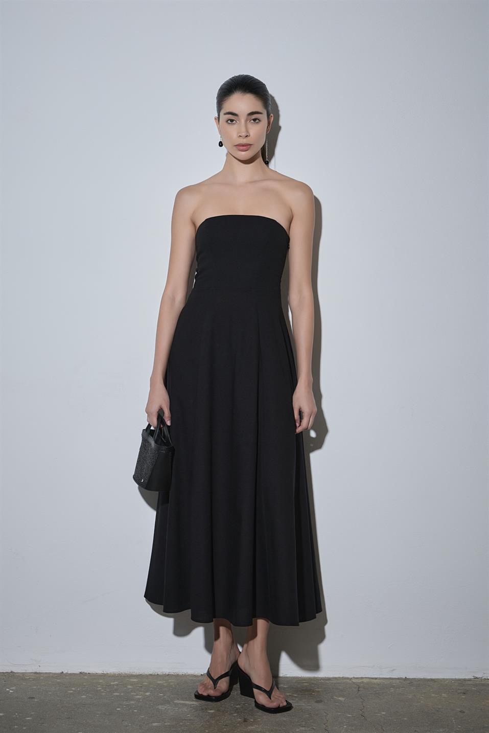 Siyah Melinda Askılı Keten Elbise