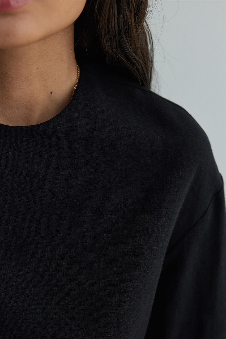 Siyah Mussel Crop Keten Bluz