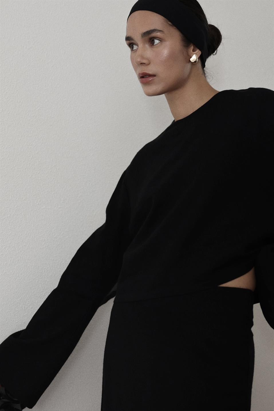 Siyah Mussel Crop Keten Bluz