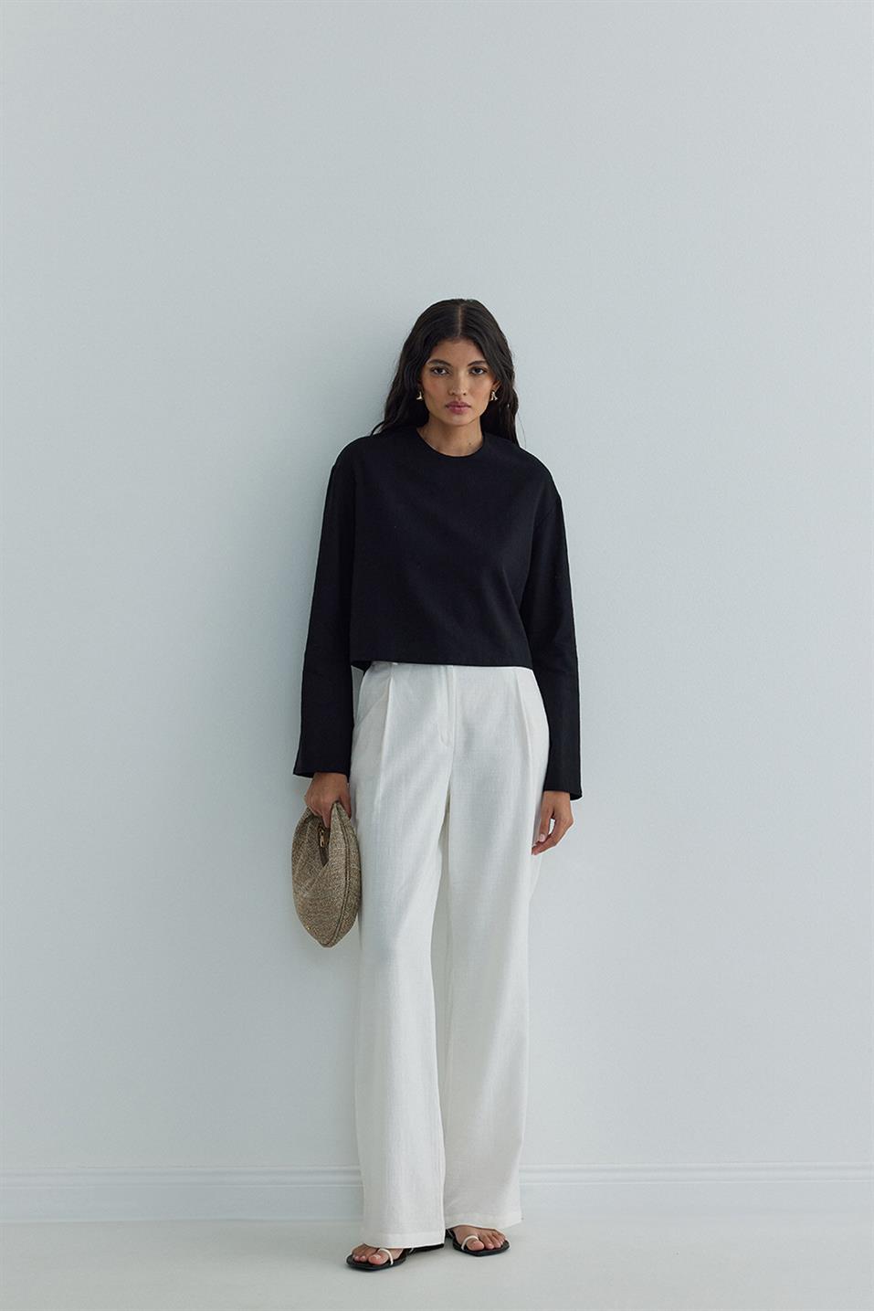 Siyah Mussel Crop Keten Bluz