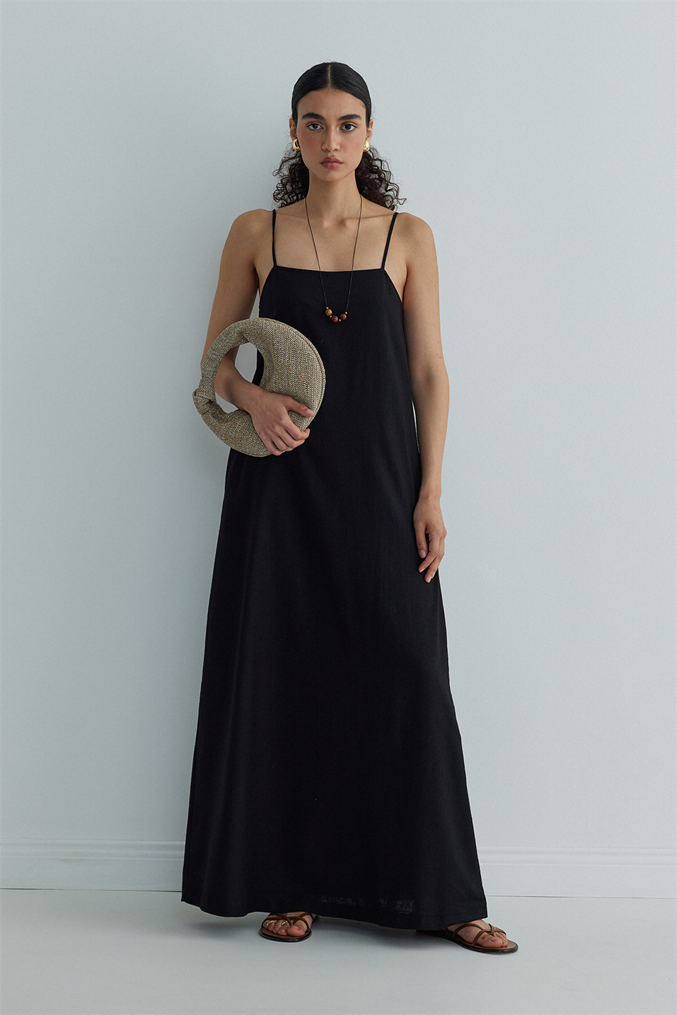 Siyah Nice Askılı Keten Jile