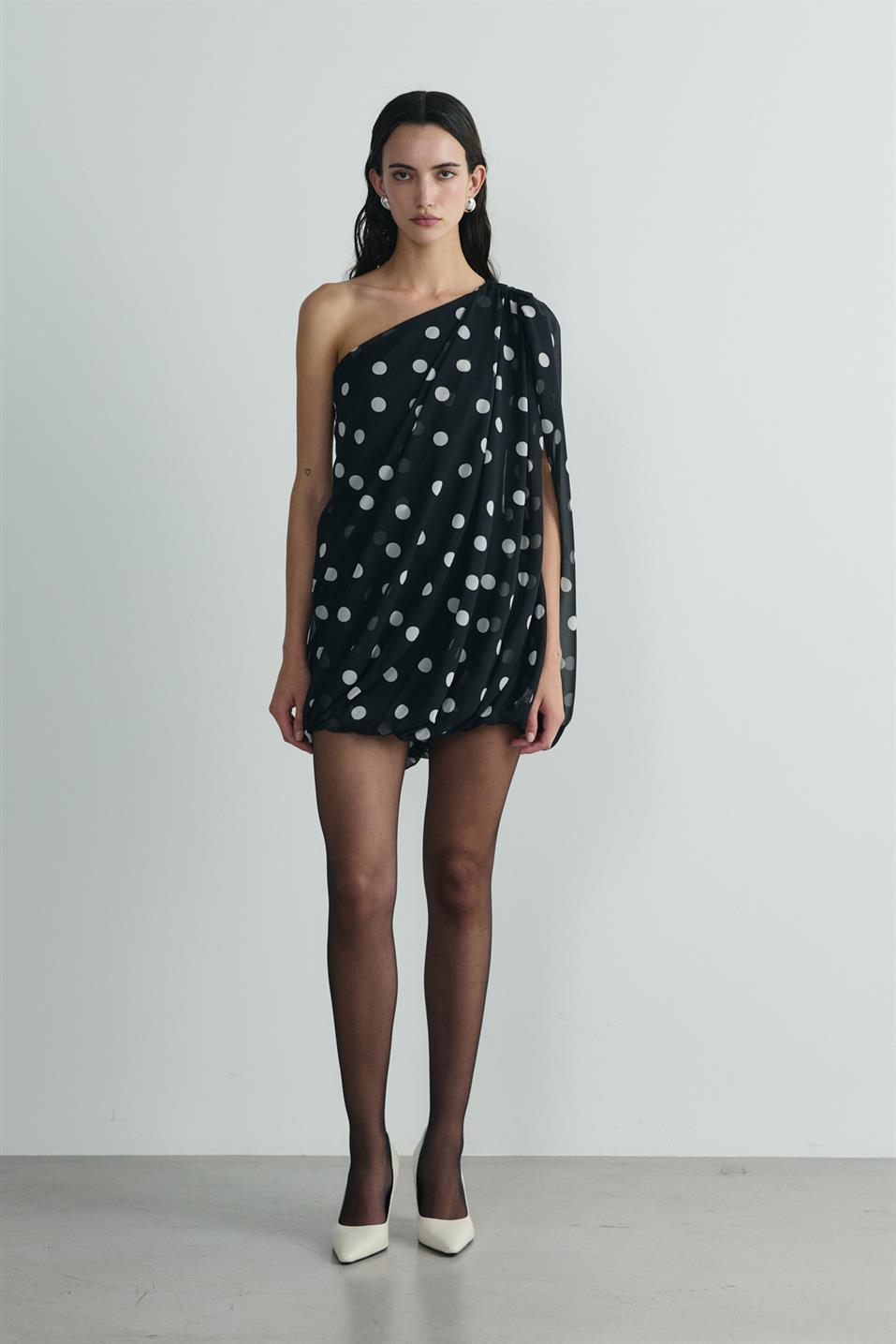 Siyah Puantiyeli Mini Balon Elbise