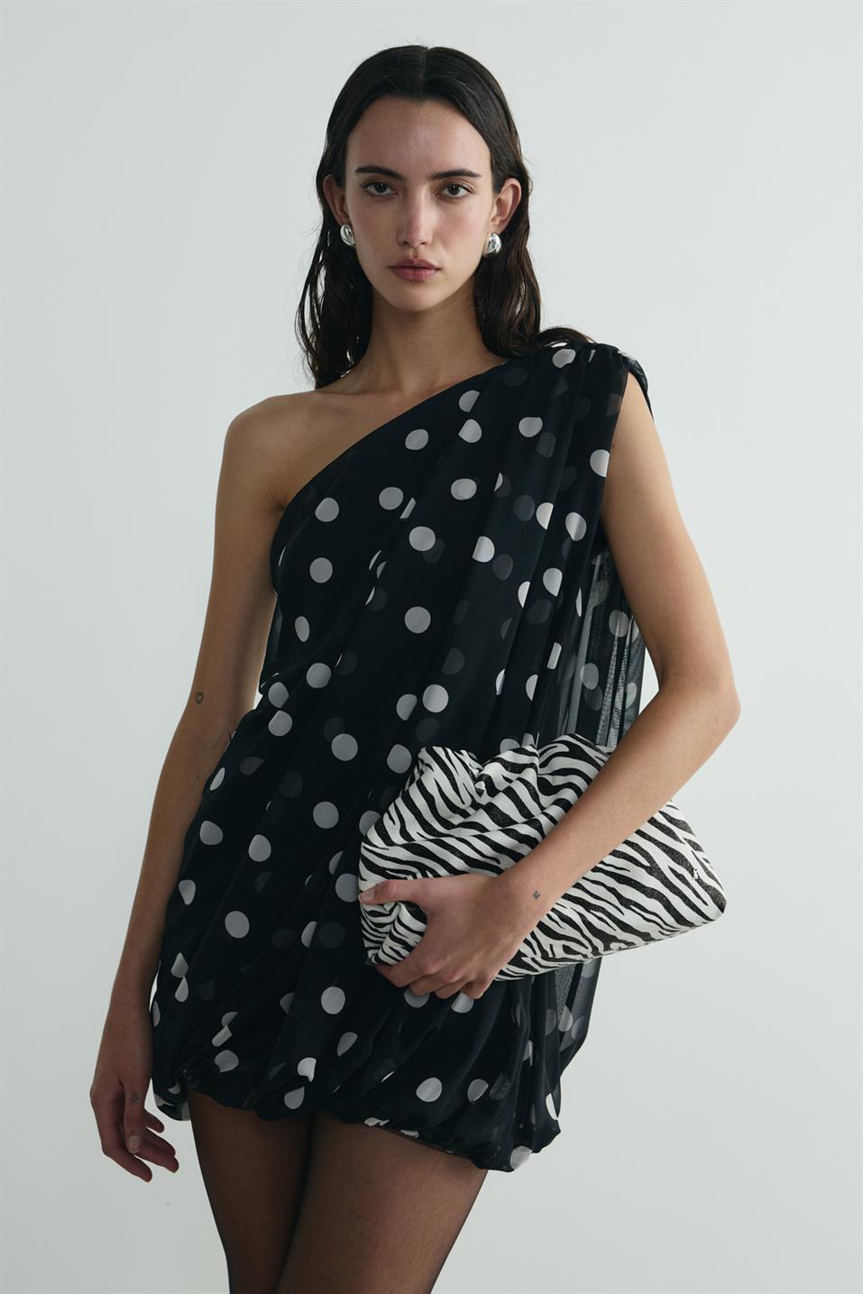 Siyah Puantiyeli Mini Balon Elbise