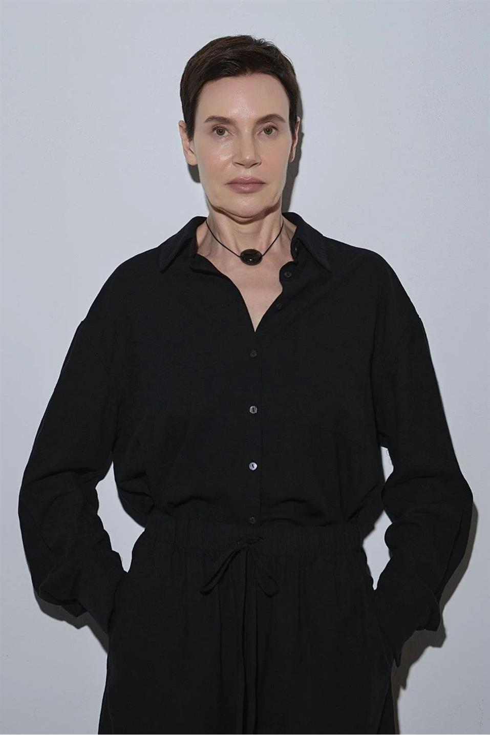 Siyah Serin Oversize Keten Gömlek