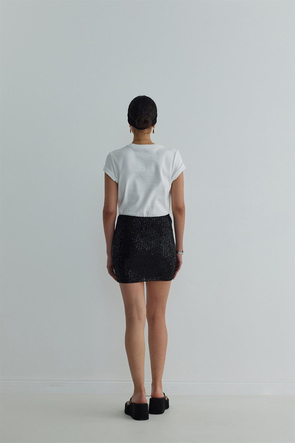 Siyah Sheer Payetli Mini Etek