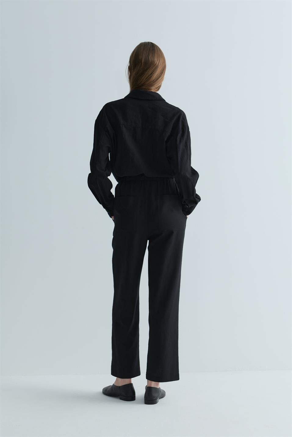 Siyah Zoe Beli Lastikli Keten Pantolon