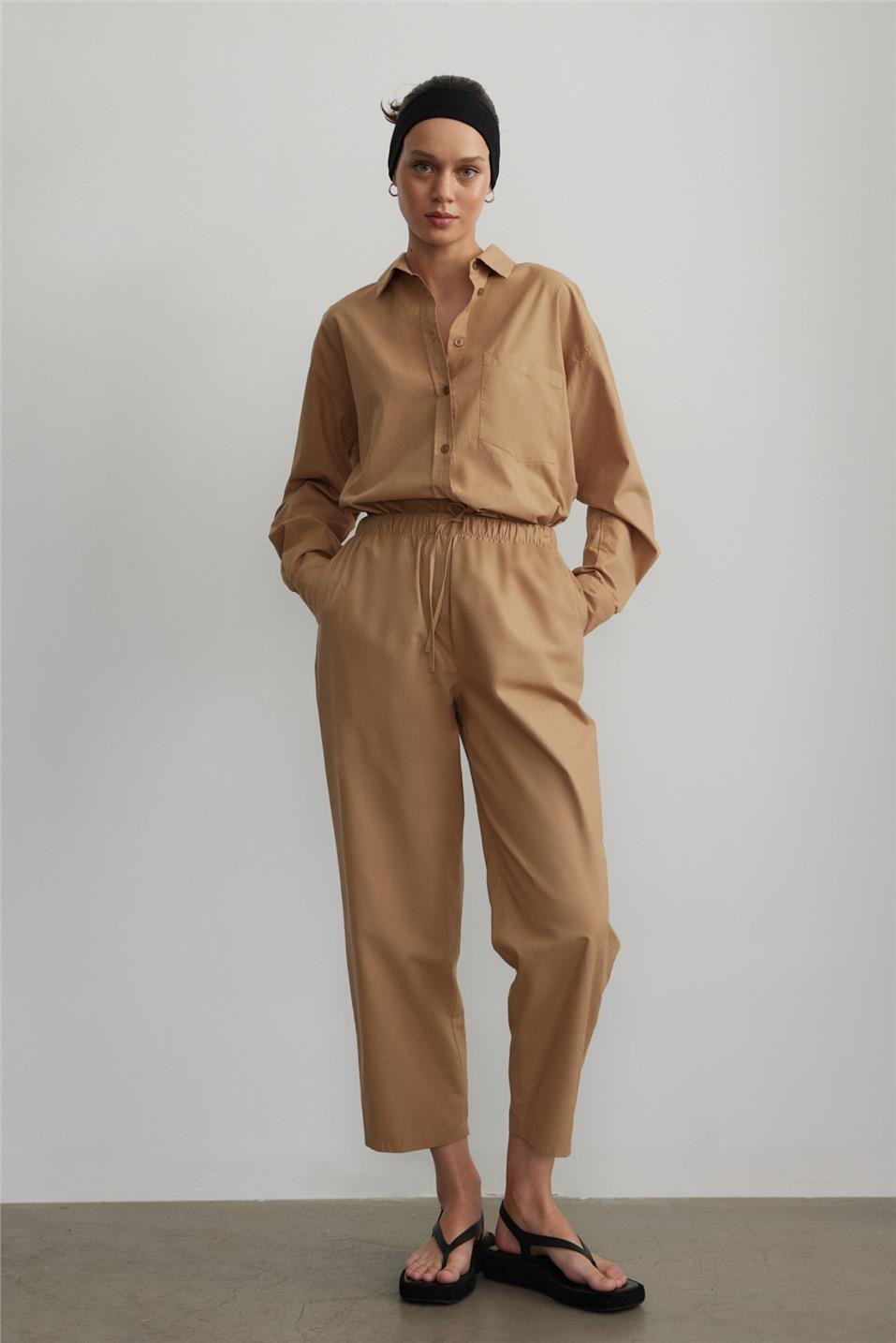 Milky Brown Slouchy Fit Elastic Waist Trousers