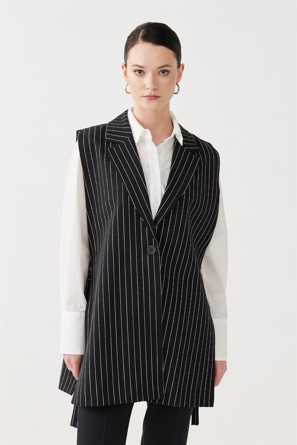 Black Striped Single Button Slit Vest