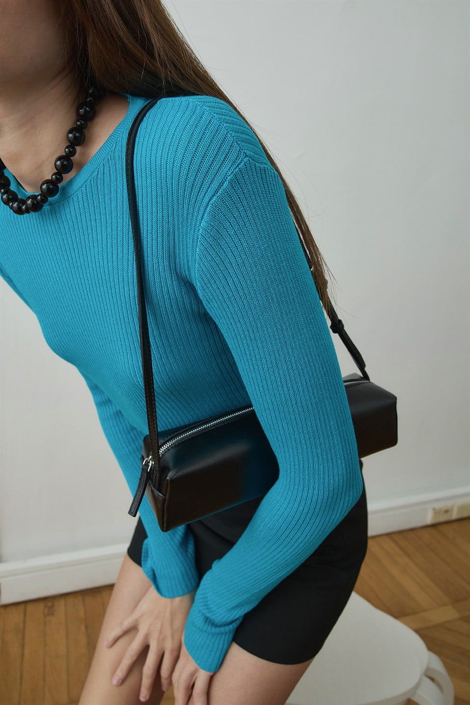 Turkuaz Ray Fitilli Triko Bluz