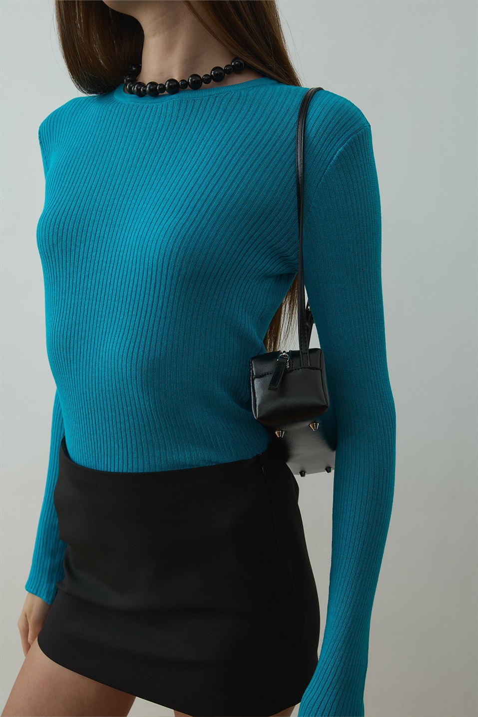 Turkuaz Ray Fitilli Triko Bluz