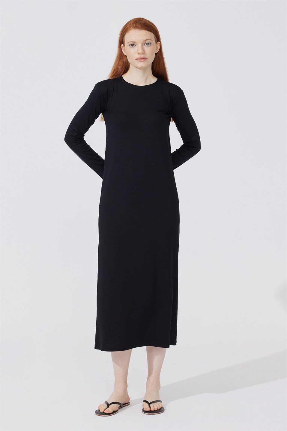 Black Long Sleeve Lined Combed Cotton Dress