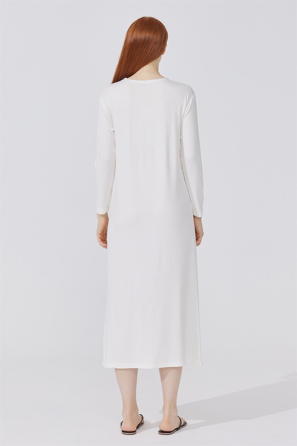 Ecru Long Sleeve Lined Combed Cotton Dress