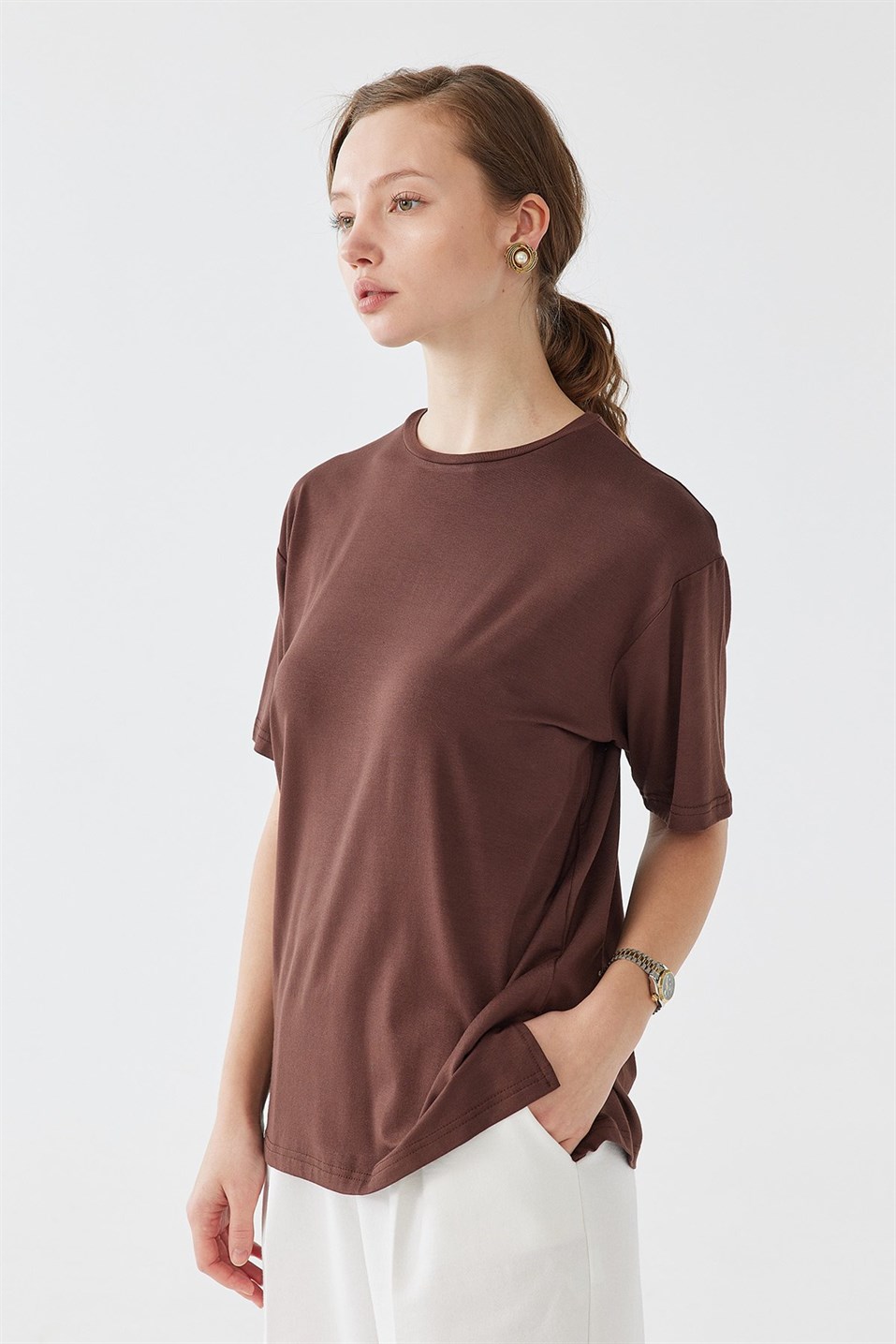 Dark Brown Viscose Flowy T-Shirt