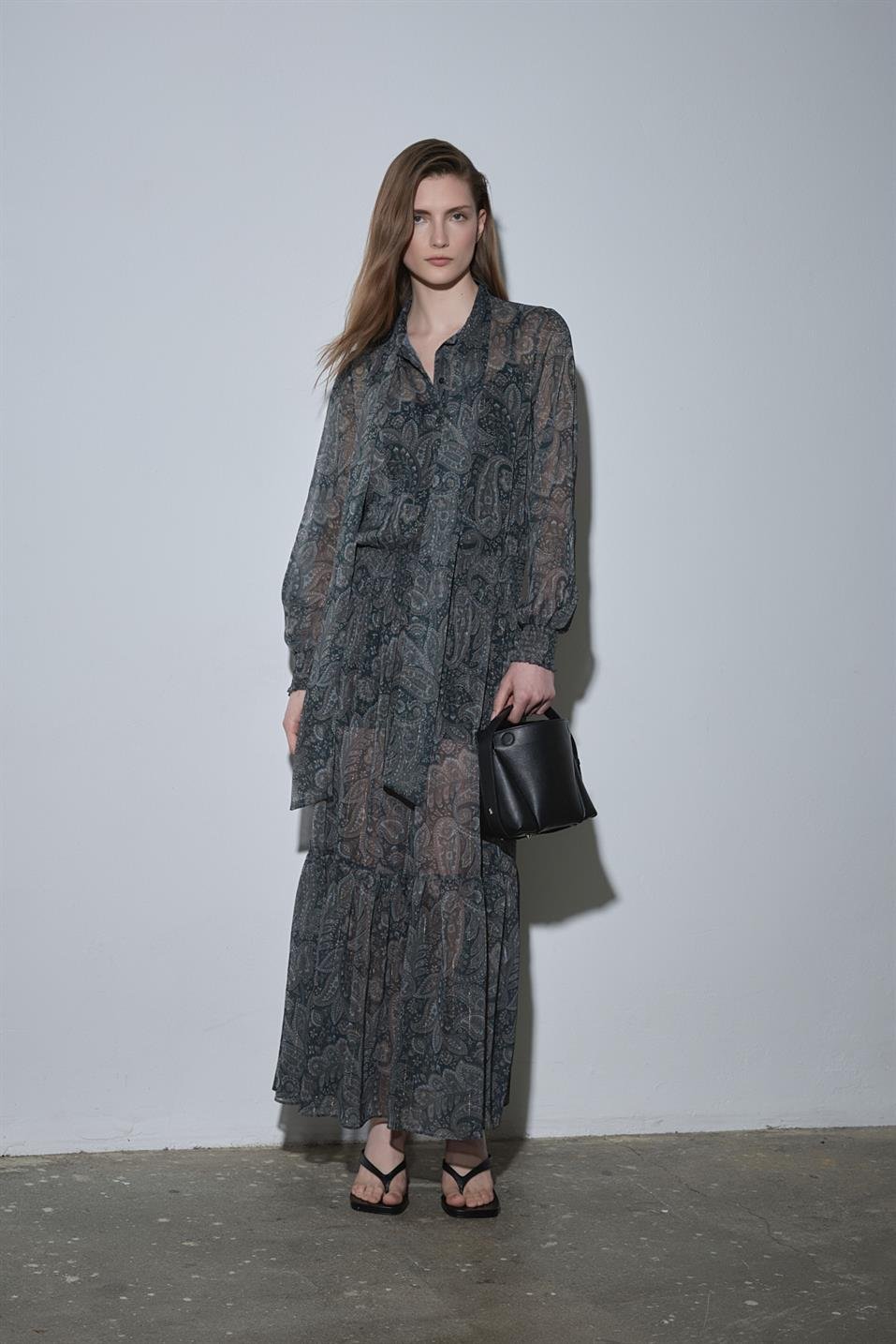 Yeşil Demi Desenli Bohem Elbise