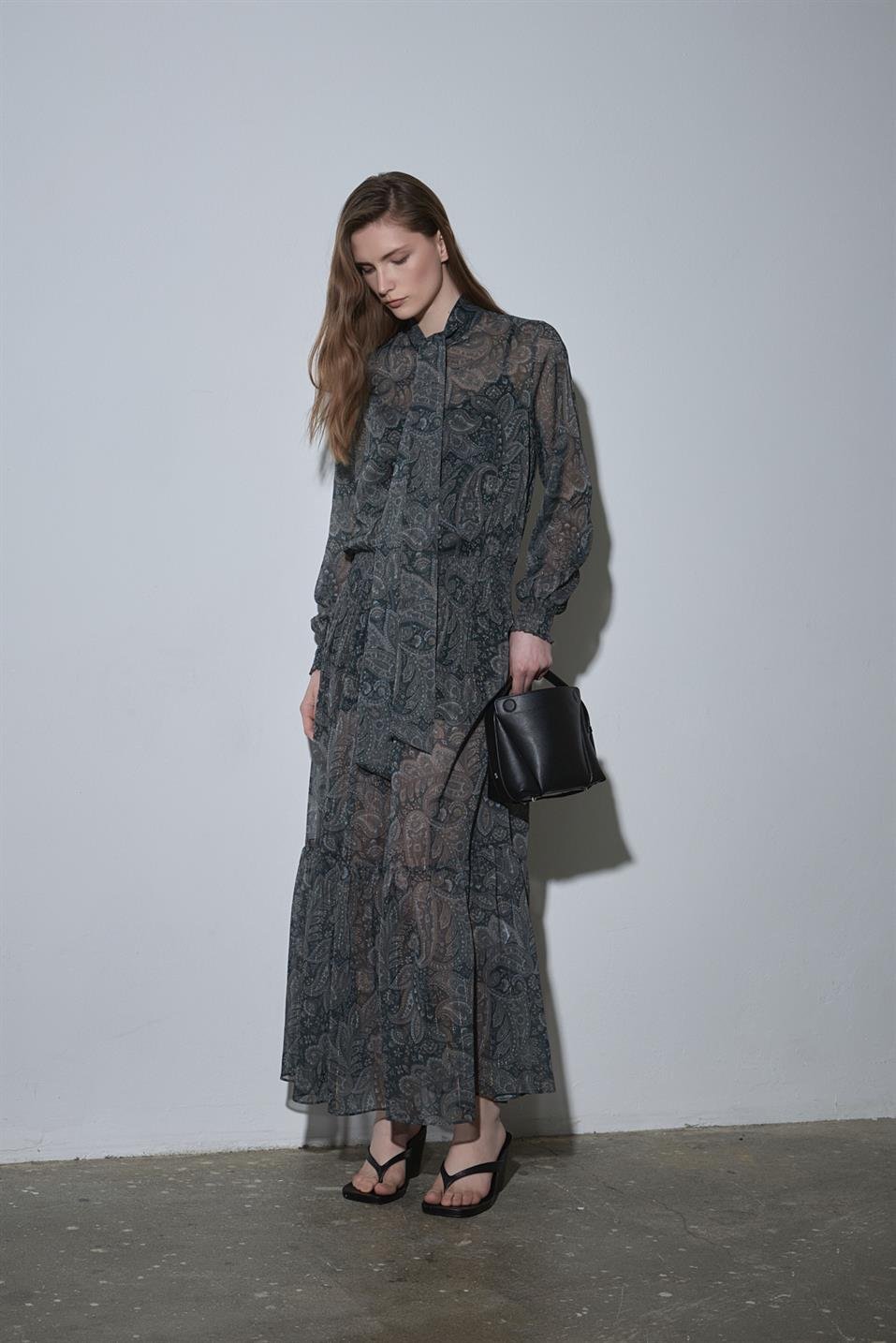 Yeşil Demi Desenli Bohem Elbise