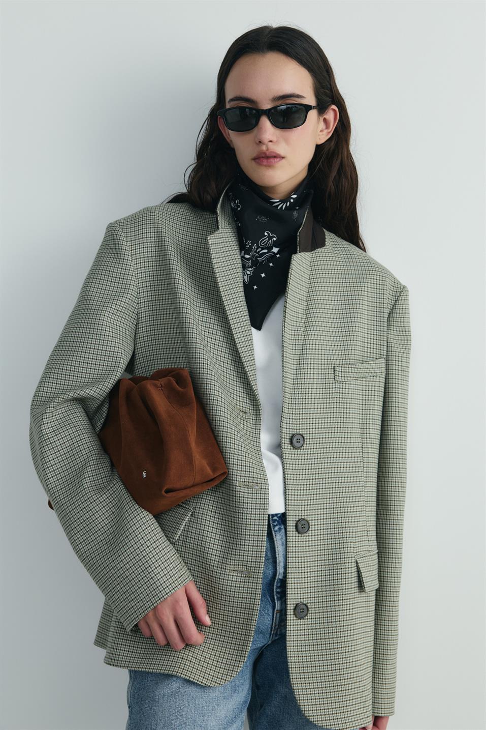 Yeşil Julie Ekose Blazer Ceket