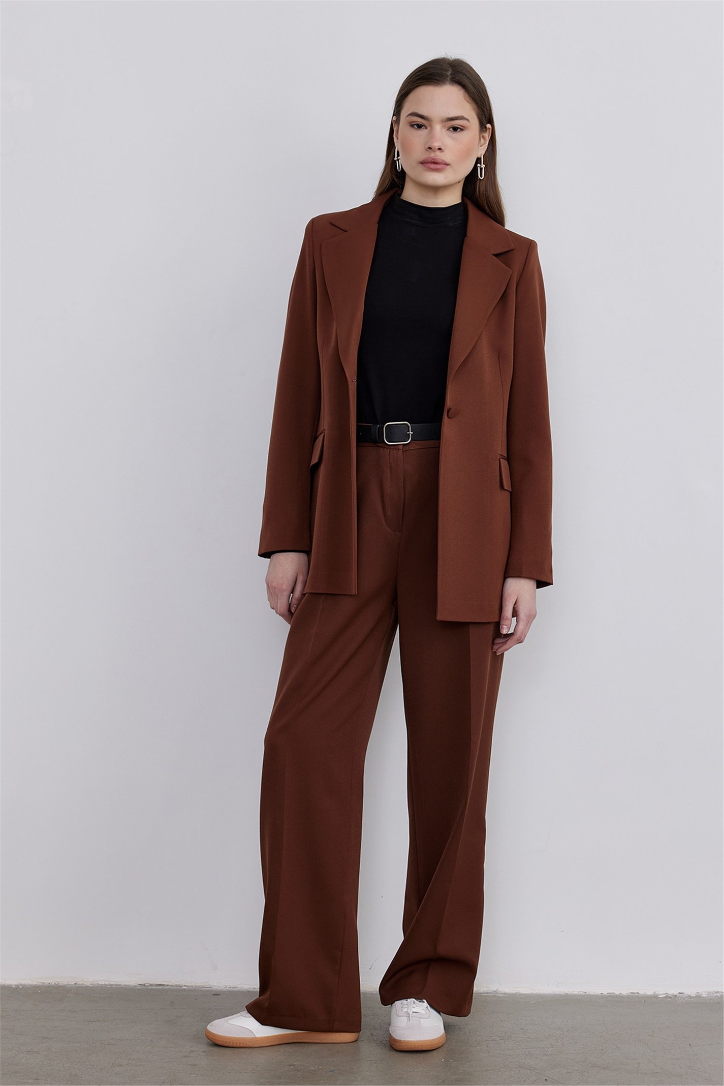 brown blazer with belt