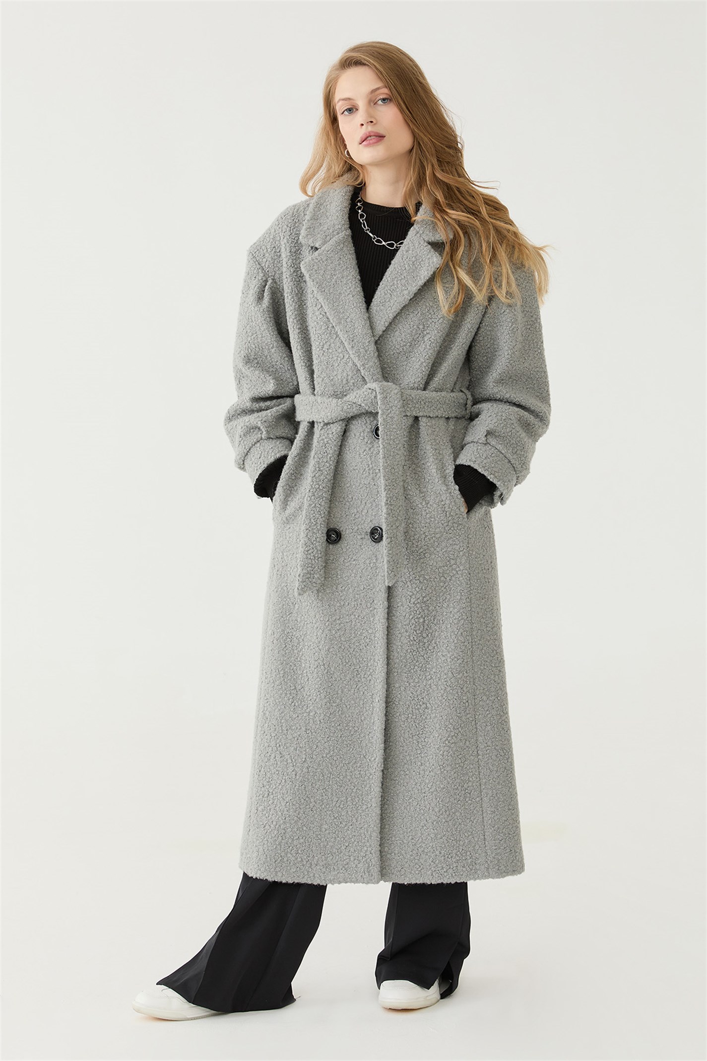 Gray Balloon Sleeve Boucle Coat | Suud Collection