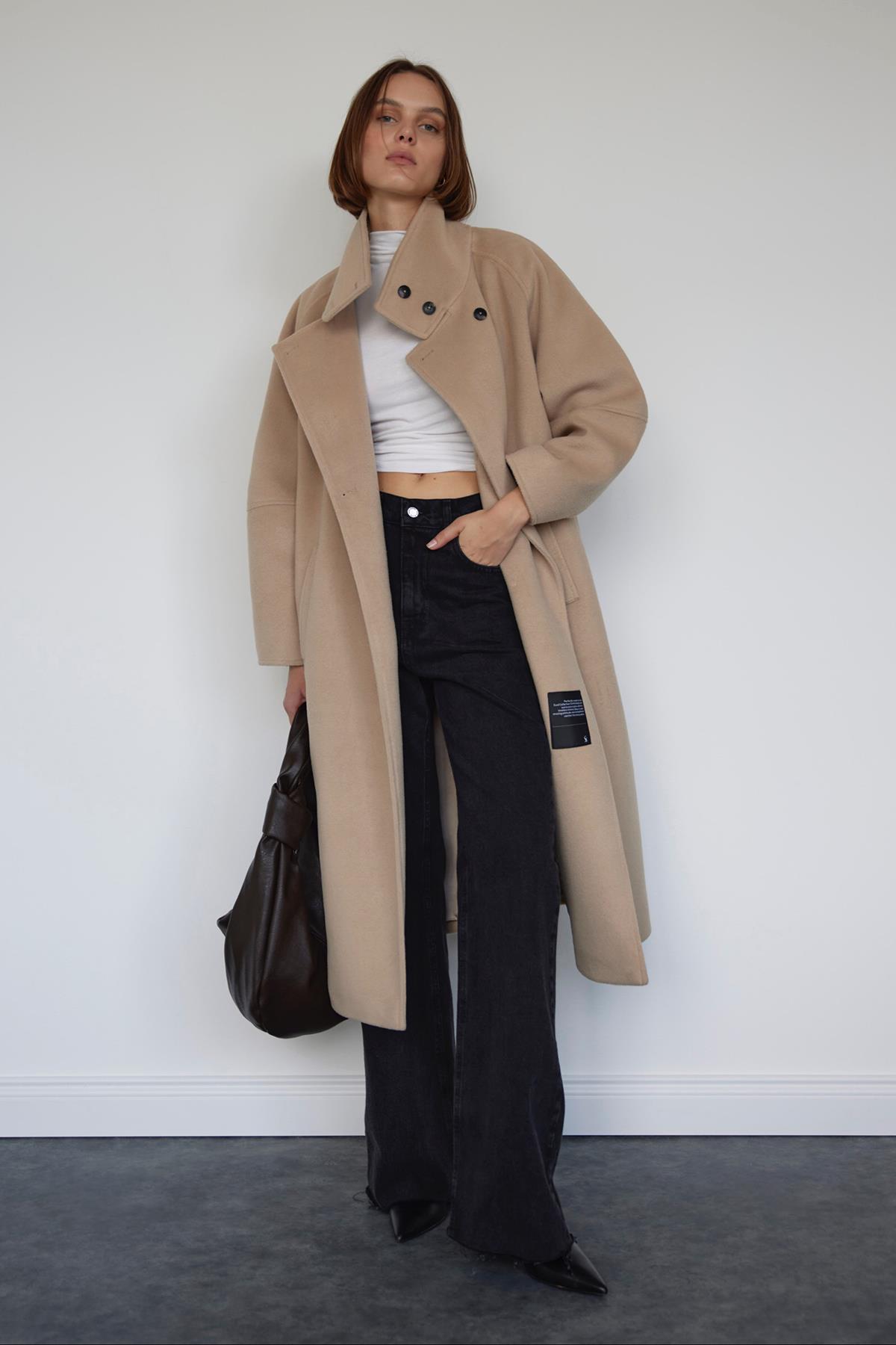 Beige Ade High Neck Maxi Wool Coat